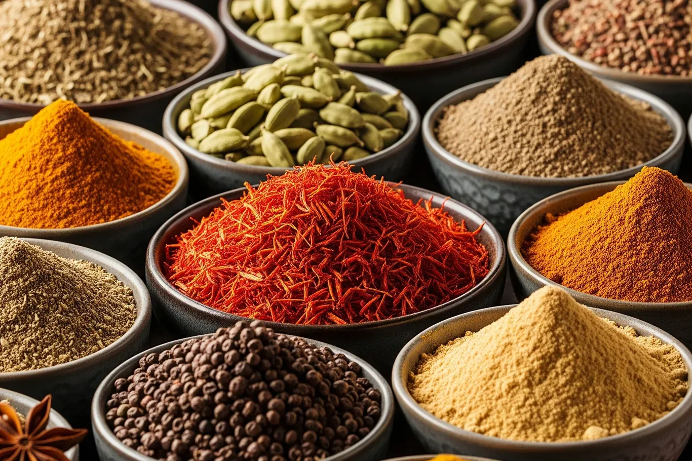 Aromatic Indian spices in decorative bowls